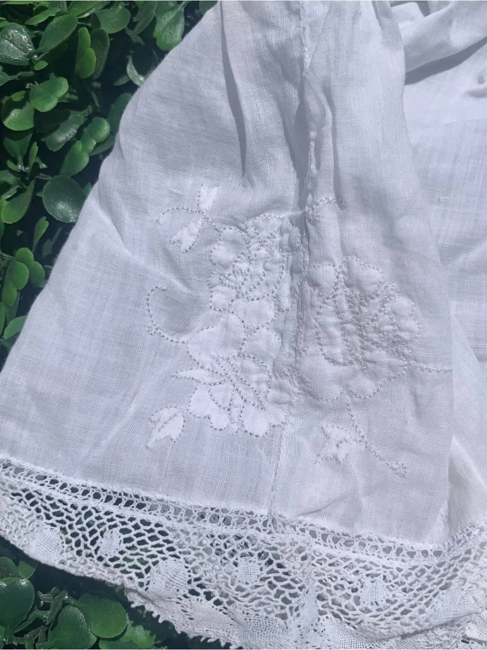 Antique baby infant white cotton sleeveless nightgown dress w/ lace & embroidery